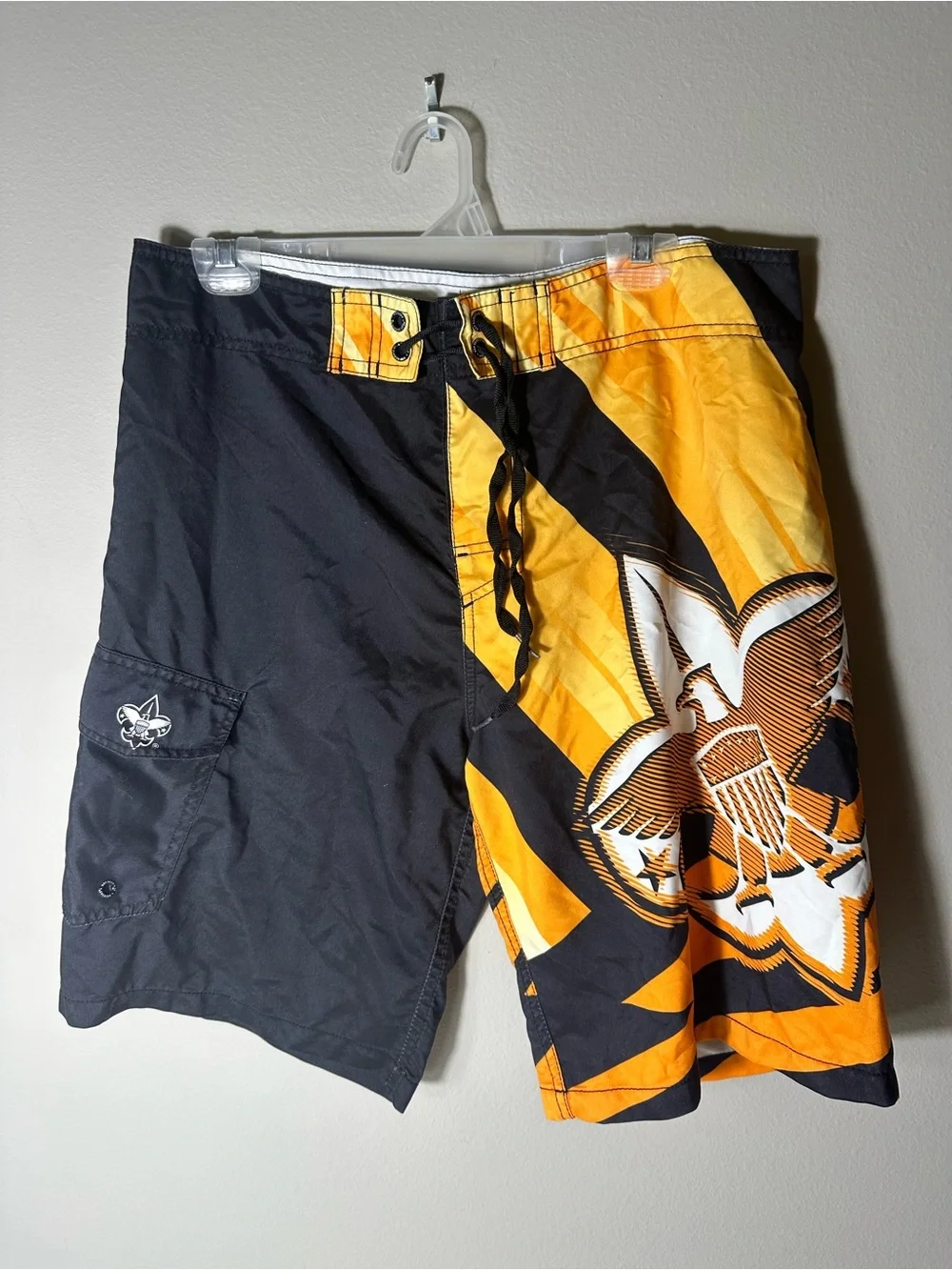 Men's Black & Yellow Graphic Swim Board Shorts with Scout Emblem